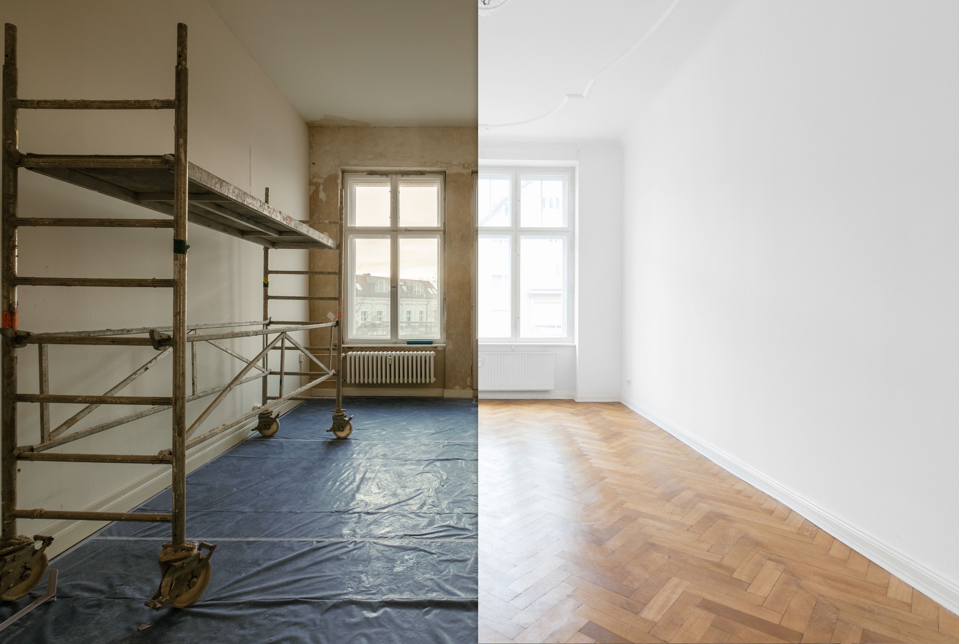 living room renovation, before and after home refurnishment -